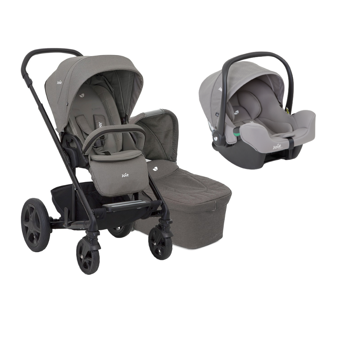 Carucior pentru copii multifunctional 3 in 1 Chrome Foggy Gray  (Carucior Chrome Foggy Gray + Landou / Portbebe Chrome Foggy Gray + scoica i-Snug Gray Flannel) - Joie